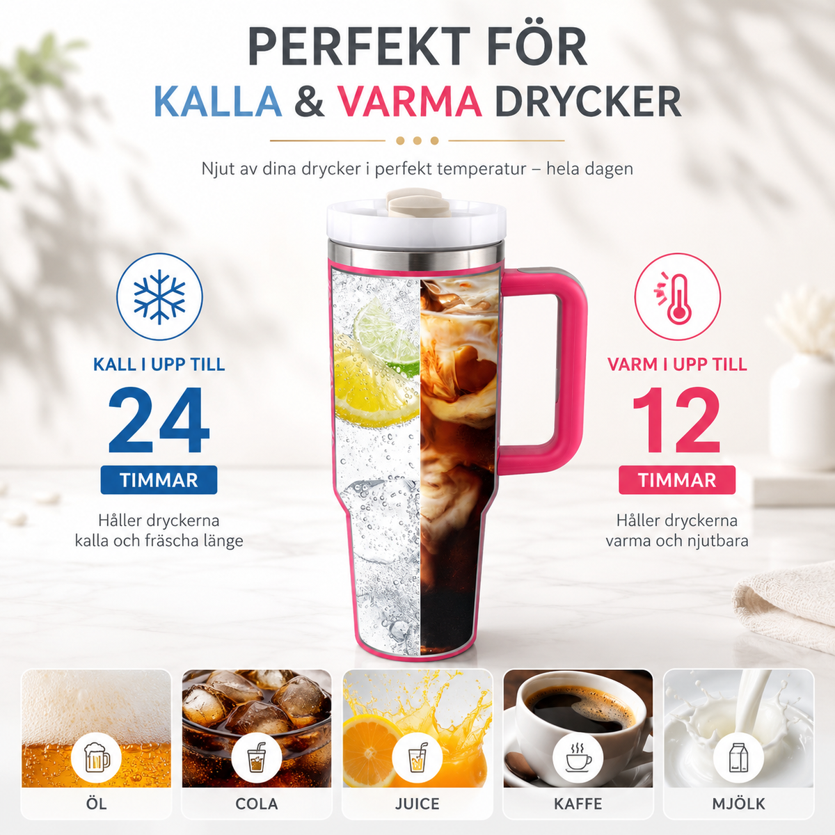 1,2 L Isolerad Termosmugg med Handtag & Sugrör – Rostfritt Stål